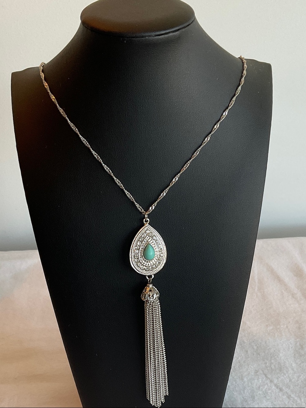 Long Silver Tassel Necklace with Turquoise Teardrop